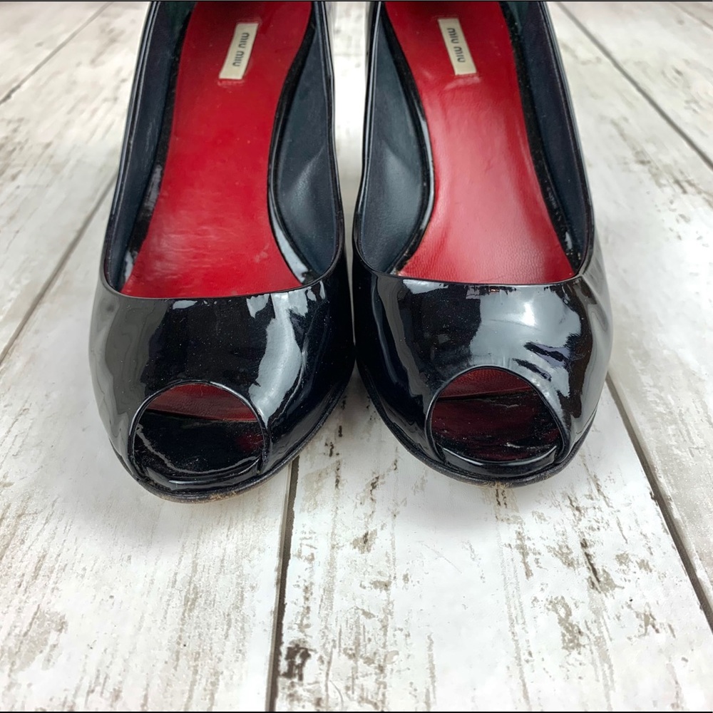 Miu Miu Patent Leather Peep Toe Wedges Size 34.5 - image 6